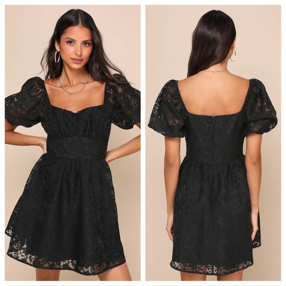 Lulus Sweetest Effect Black Floral Burnout Puff Sleeve Mini Dress